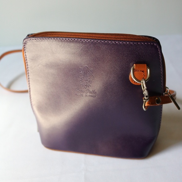 VERA PELLE Small Purple Handmade Leather Crossbody Purse Bag Made In Italy - Picture 8 of 8